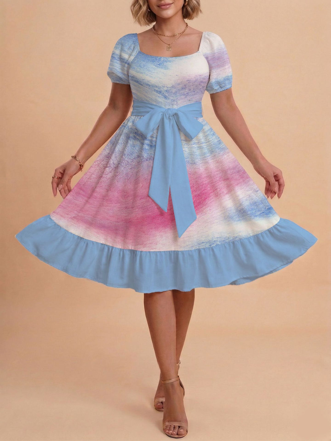 Damen Retro Maxikleid mit Puffärmeln und Taillengürtel Skjora