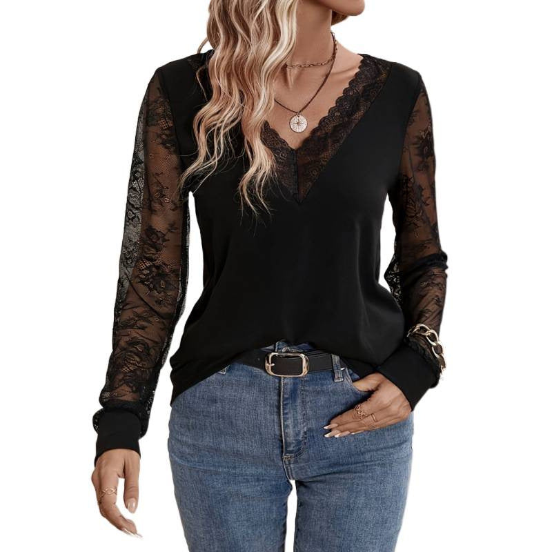 Dame Elegant topp med transparente spissermede og dyp V-hals Skjora
