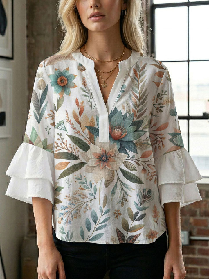 Dame bluseskjorte med voluminøse ermer og kreativt trykkdesign Skjora