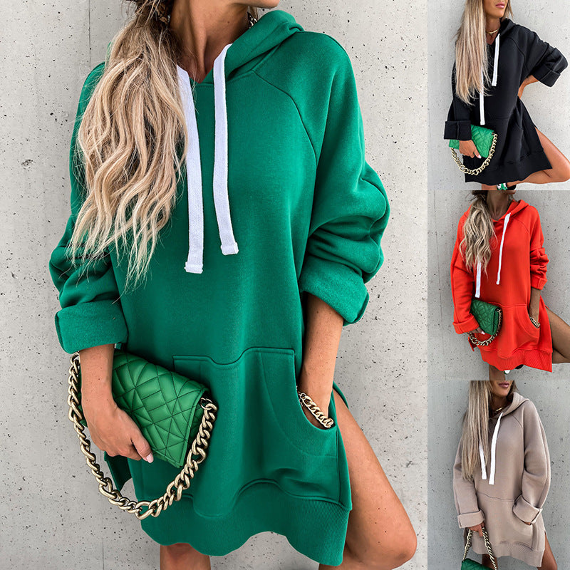 Kvinne hoodie kjole med hette og sidespalter Skjora