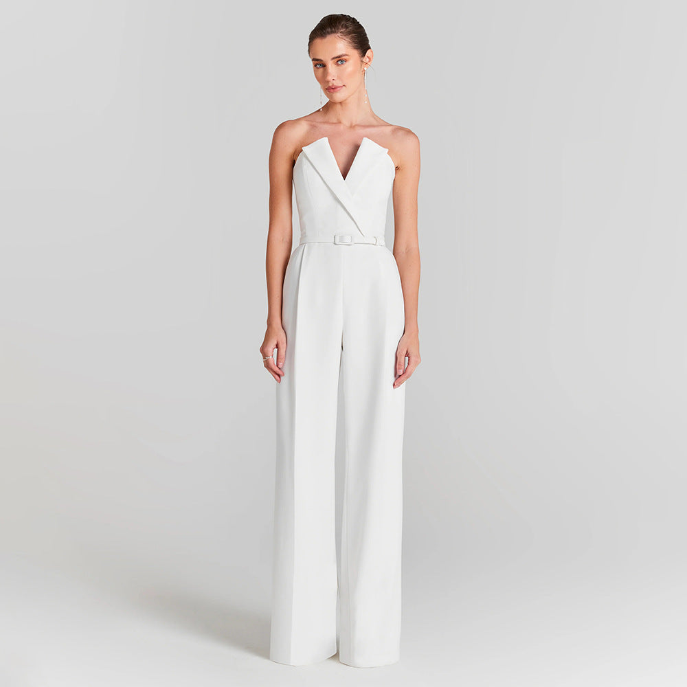 Damer elegant jumpsuit med transparente ermer og perlepynt Skjora