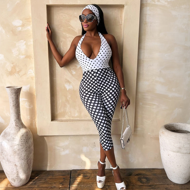 Dame Polka-Dot Jumpsuit med dyp V-hals og elastisk materiale Skjora
