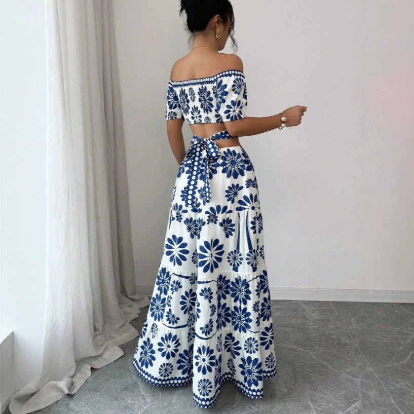 Dame Maxikjole med blomstret design og trendy off-shoulder utringning Skjora