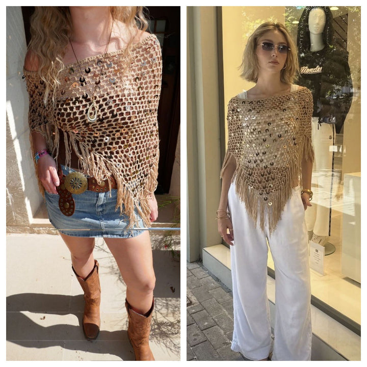 Damen dekorativer Spitzen-Poncho mit eleganten Pailletten und Fransen Skjora