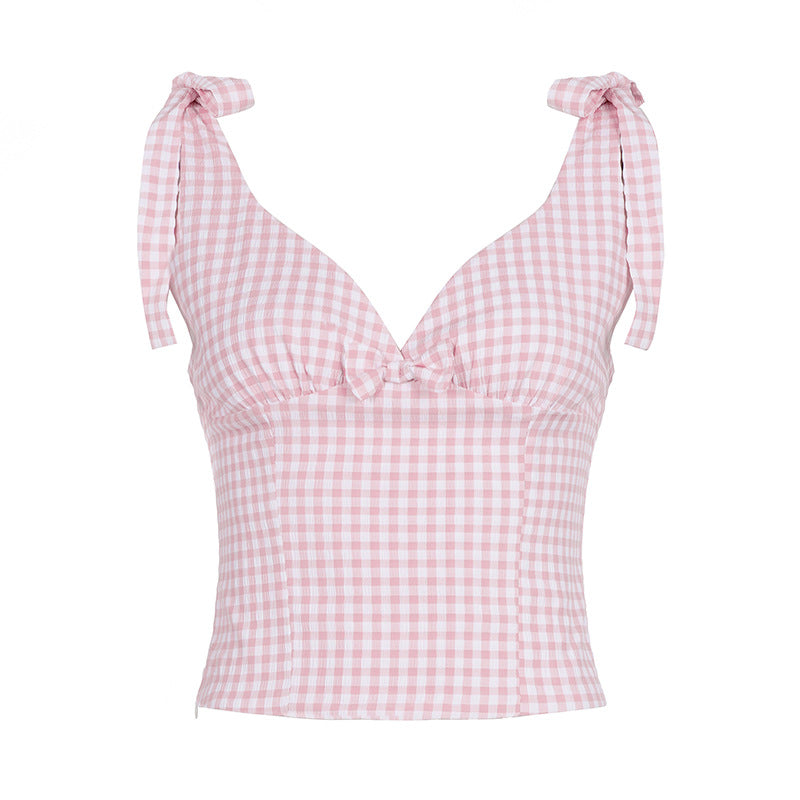 Dame Gingham Crop-Topp med søte sløyfedetaljer Skjora