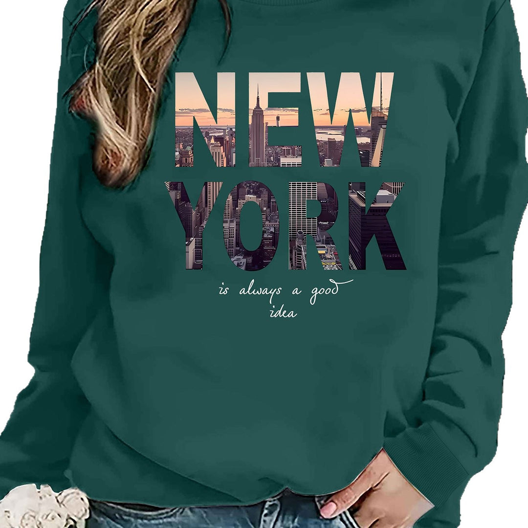 Kvinnenes sweatshirt med kreativ New York skyline print og komfortabel passform Skjora