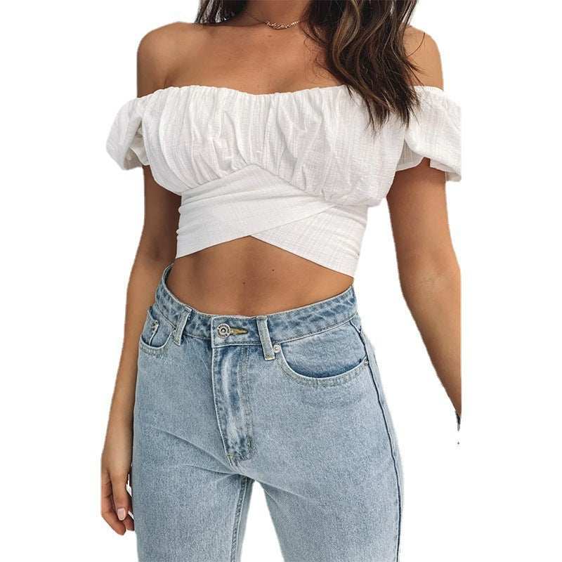 Damer Off-Shoulder Crop-Topp med volangdetaljer og elegant omslagdesign Skjora
