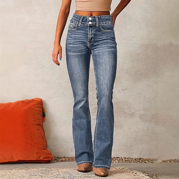 Kvinnenes høye midje flagrende jeans med dekorative knappedetaljer og figurvennlig snitt