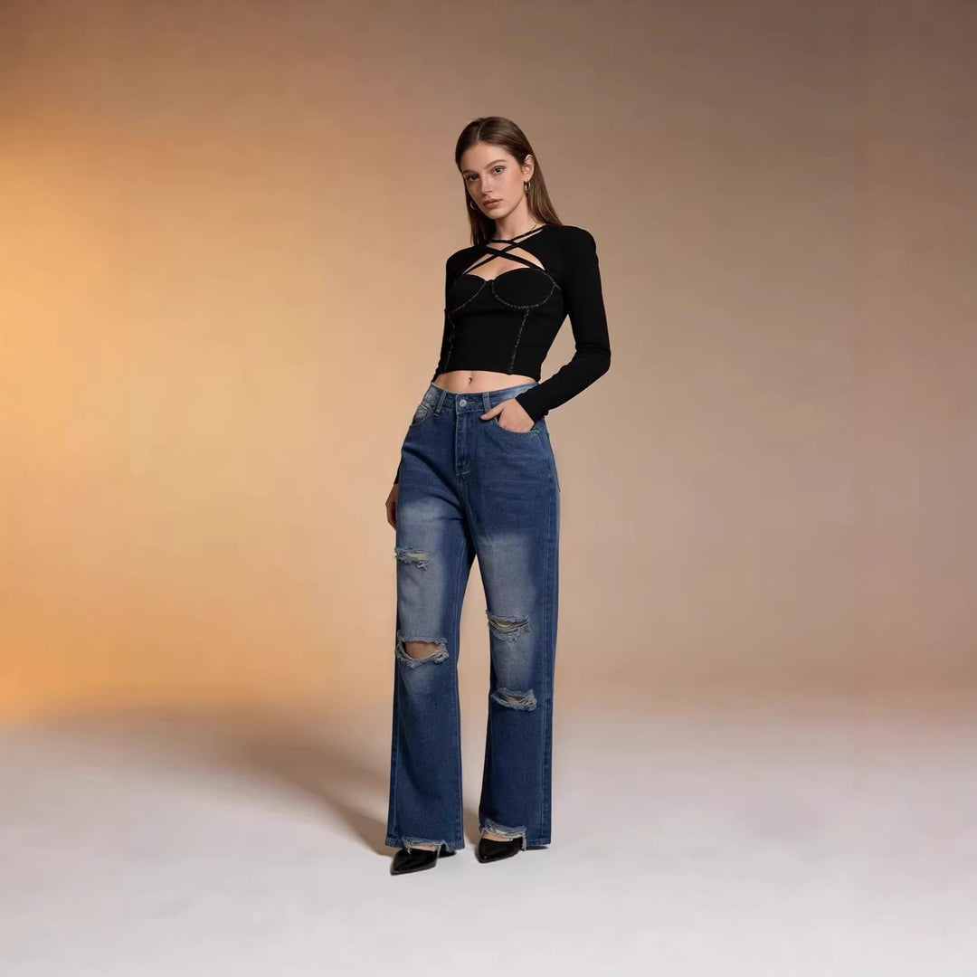 Dame løse jeans med stilige ødelagte detaljer og behagelig passform Skjora