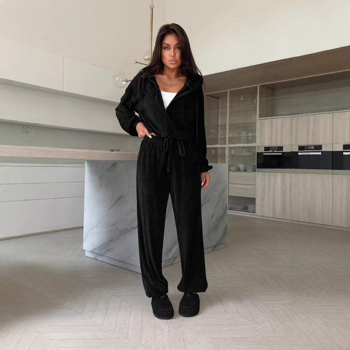 Kvinnes koselige fleece loungewear-sett med praktisk hette og elastisk midjebånd
