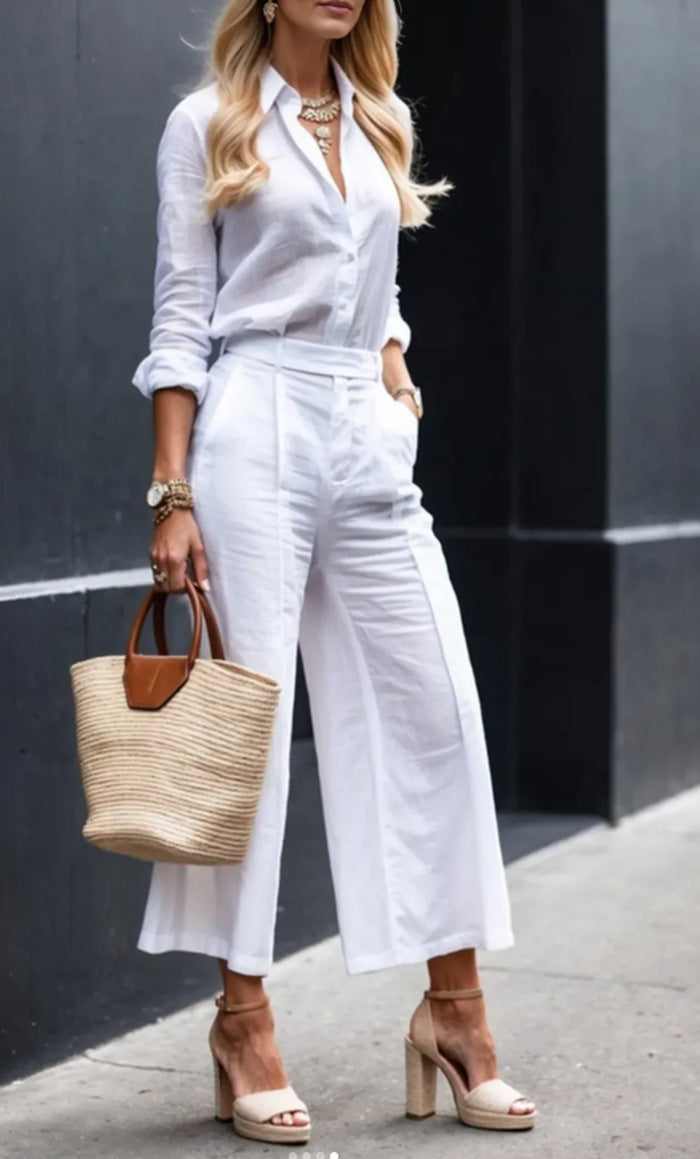 Kvinnes Elegant Lin Dress med Skreddersydd Bluse og Brede Bukser Skjora