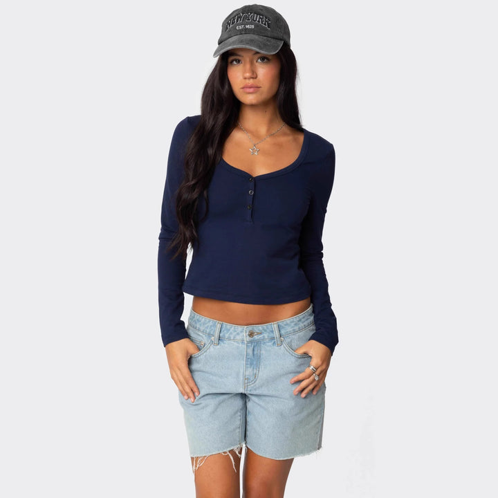 Damen Cropped Langarmhemd mit Knopfleiste und weichem Stoff Skjora
