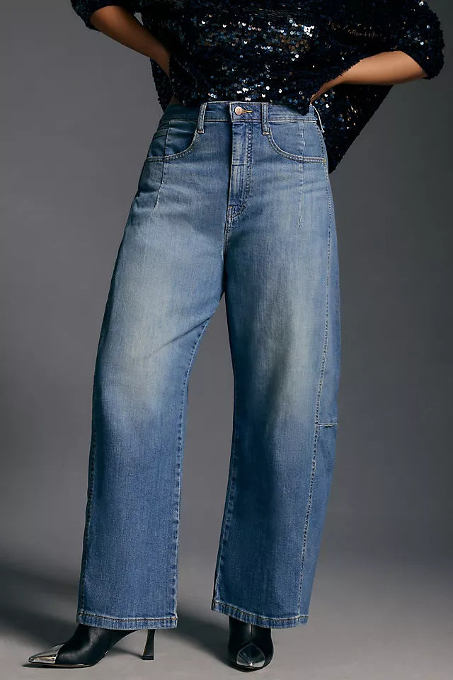 Dame baggy denimbukser i moderne snitt med høy midje Skjora