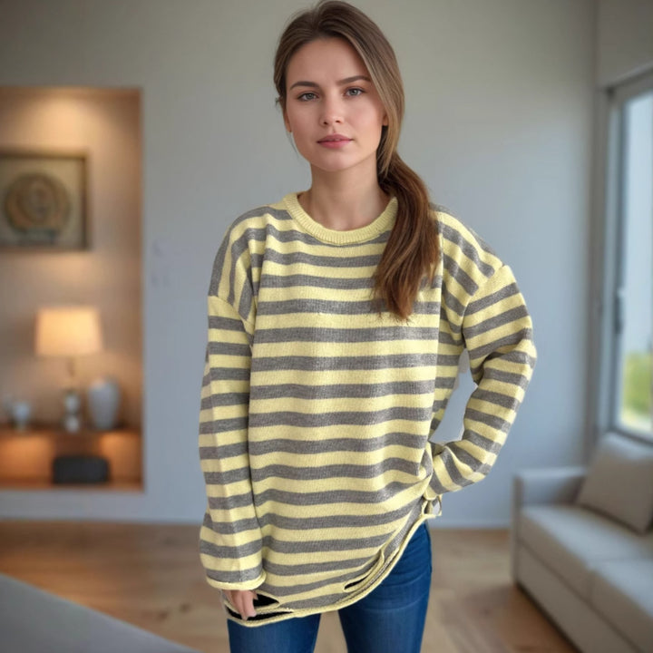 Dame strikket oversized genser med avslappet stripemønster Skjora