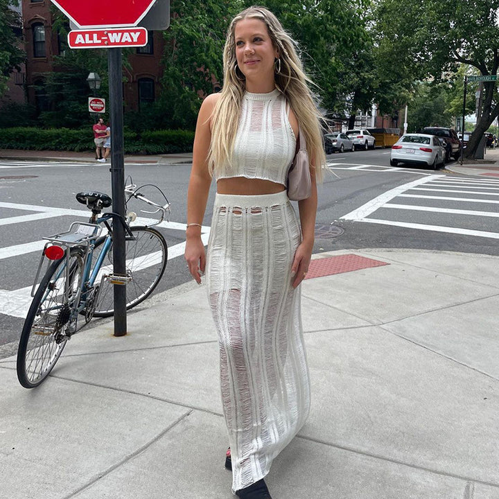Dame heklede Crop-Top og Maxi-Rock-Sett Skjora