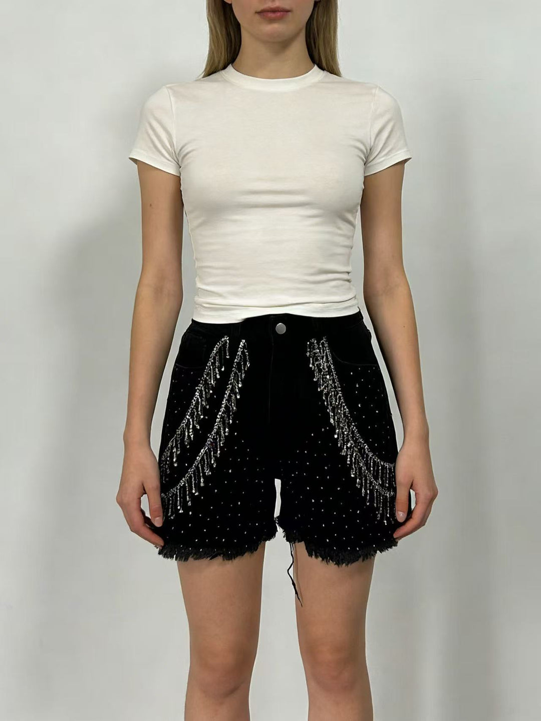 Dame Designer Denim-Shorts med trendy kjede dekorasjoner Skjora