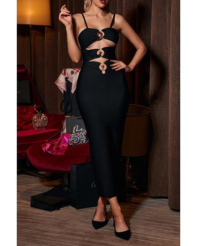 Dame Elegant Midi Kjole med Spennende U-cut og Dekorative Ringer