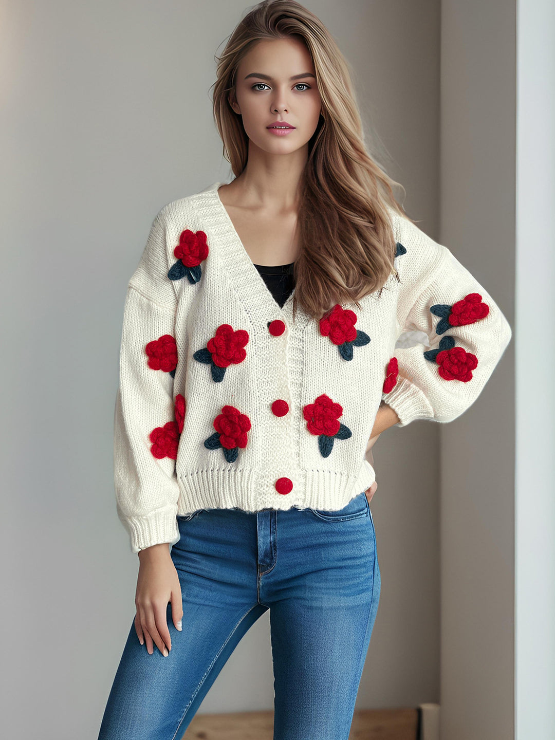 Dames kosete cardigan med blomster 3D-design og store knapper Skjora
