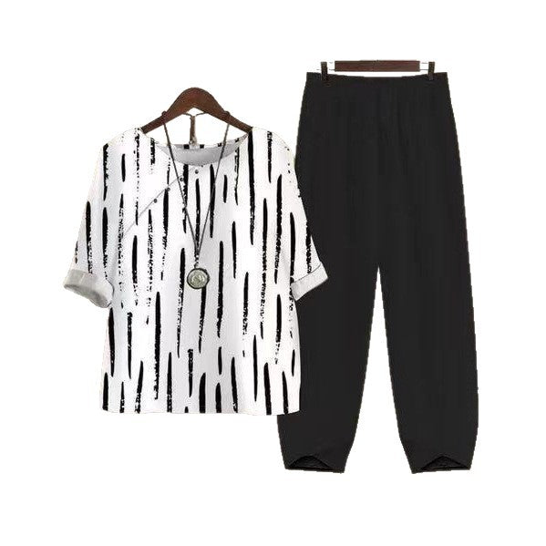 Dame Casual Fritids Sett med Kreativ Stripete Topp og Komfortable Bukser Skjora