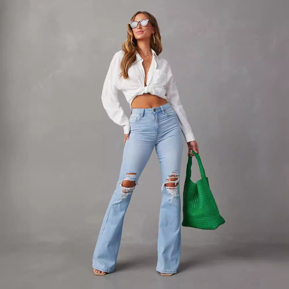 Kvinner Flared Jeans med trendy Destroyed detaljer og høy midje Skjora