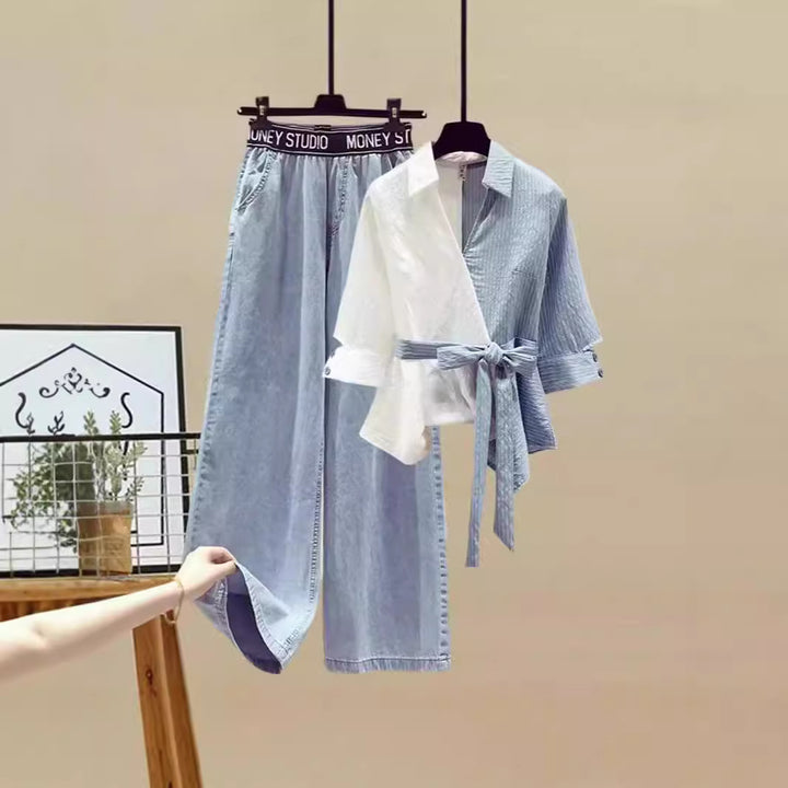 Dame To-delt Sett med løstsittende, stripete topp og vide jeans-bukser Skjora