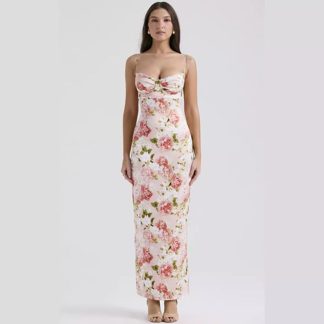 Damen Blumenkleid mit tailliertem Oberteil und schwingendem Saum Skjora