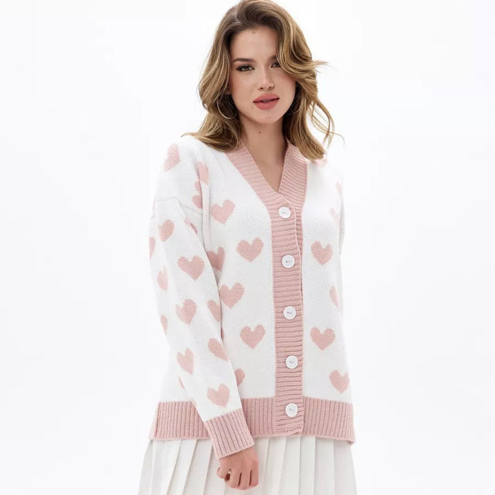 Kvinnens cardigan med hjerte mønster og knapp detaljer Skjora