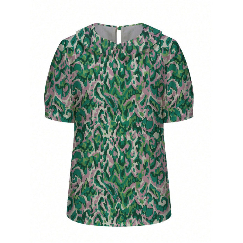 Dame kortermet bluse med florale accenter og klassisk krage Skjora