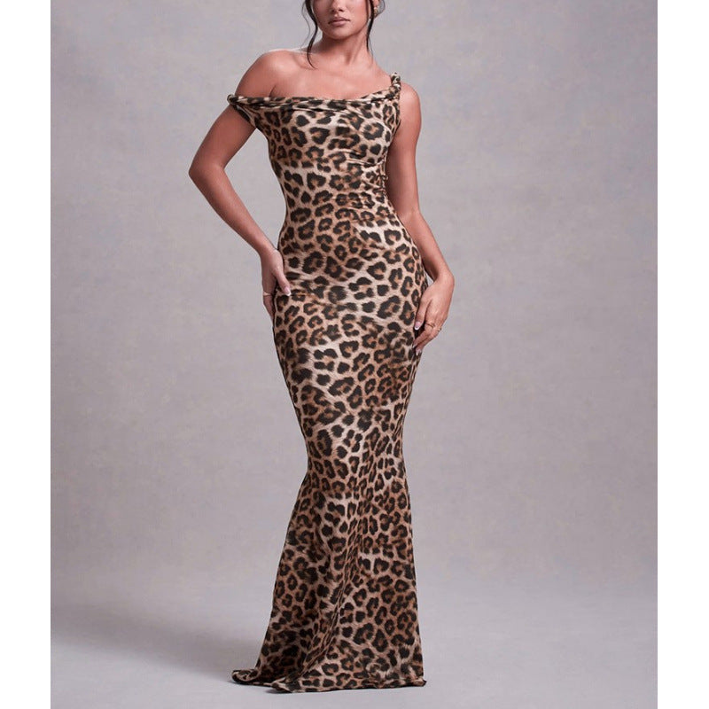 Dame Langerm Maxi Kjole i elegant Leopardsmønster Skjora