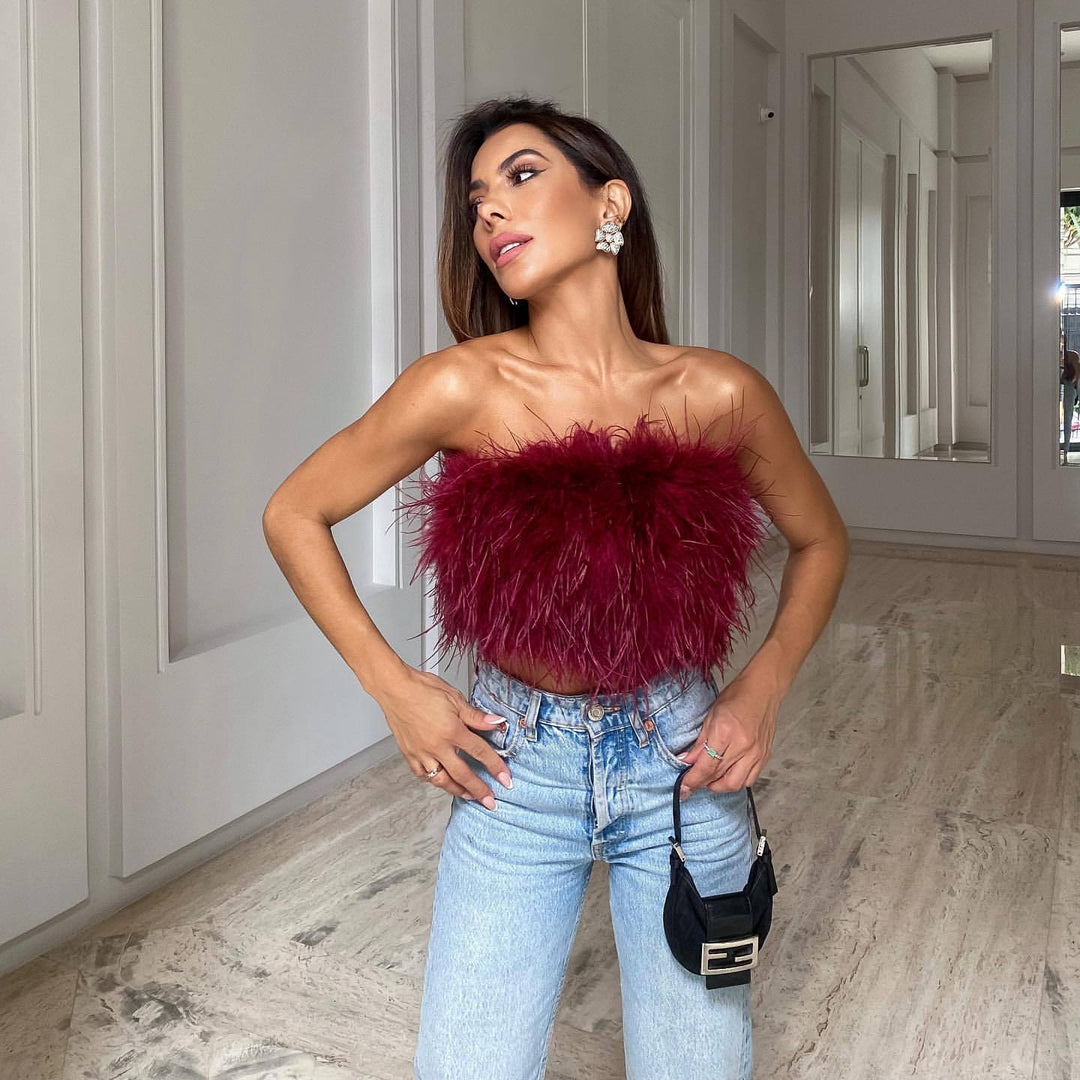 Dame Crop-Top i fjærstoff med sjarmerende design Skjora