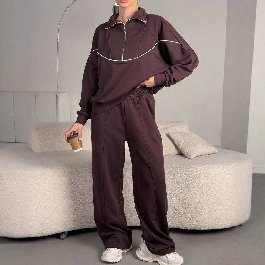 Kvinnelig casual fleece joggedrakt med høyt krage og dekorative sømmer Skjora
