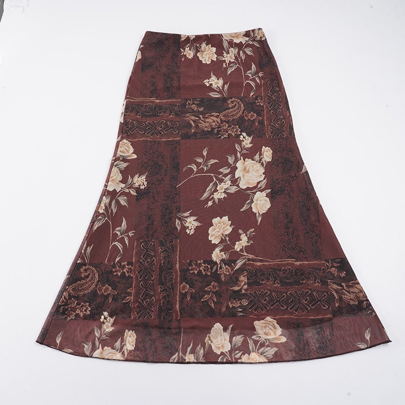 Damed Maxi-nederdel med blomsterdesign og gennemsigtig chiffon-overlejring Skjora