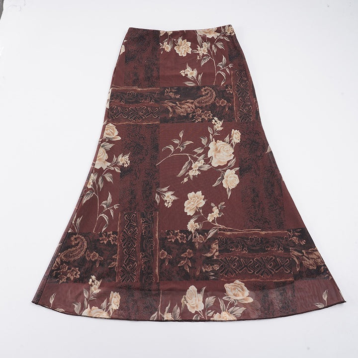 Damed Maxi-nederdel med blomsterdesign og gennemsigtig chiffon-overlejring Skjora