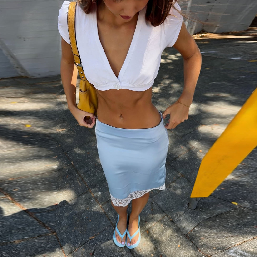 Damer Crop-Top med dyp V-hals og puffarmer Skjora