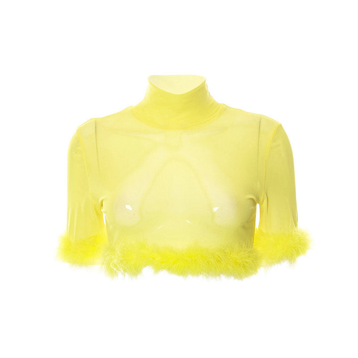 Dame trendy cropped topp med glamorøs fjærdetalj Skjora