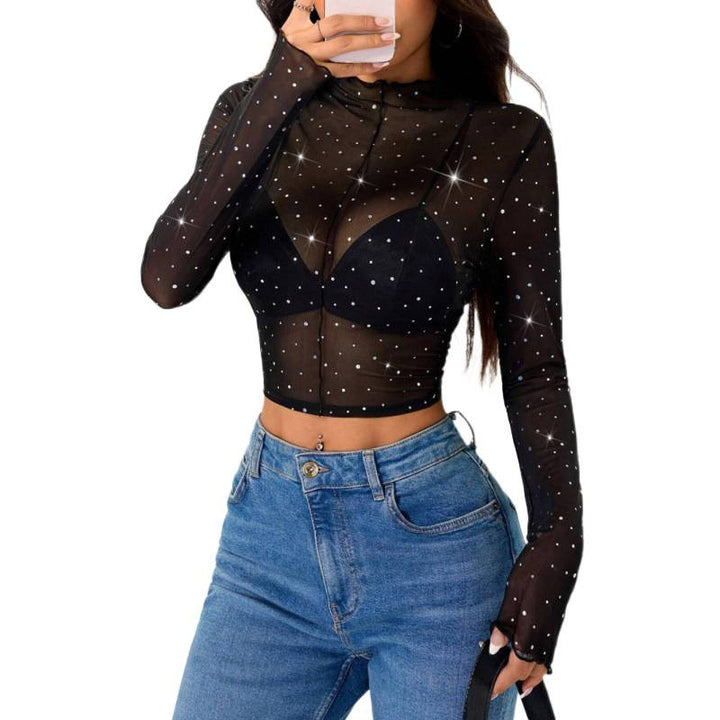 Damer Sexy Crop-Top i gjennomsiktig nett med glitrende aksenter Skjora