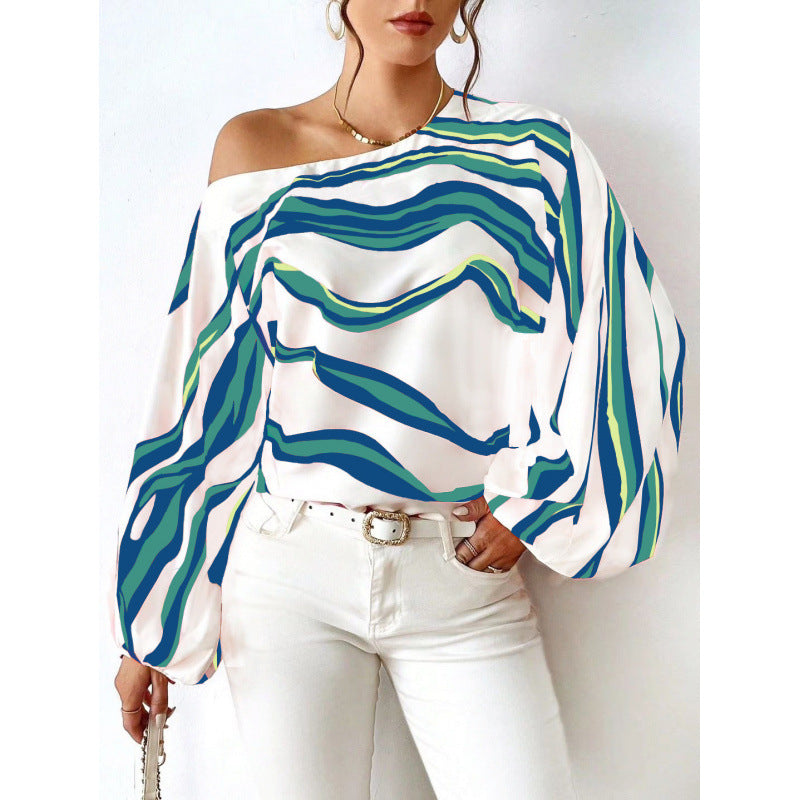 Dame Off-Shoulder Bluse med kunstnerisk mønster og voluminøse ermer Skjora