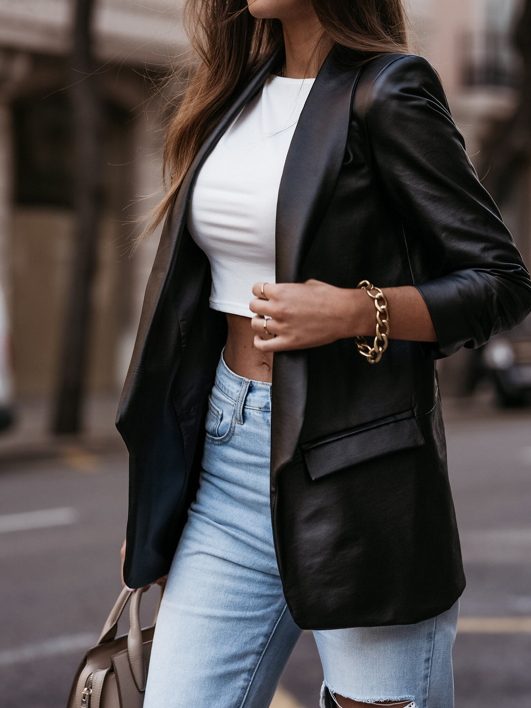 Damer Elegant Skinn Blazer med Moderne Snitt og Funksjonelt Design Skjora