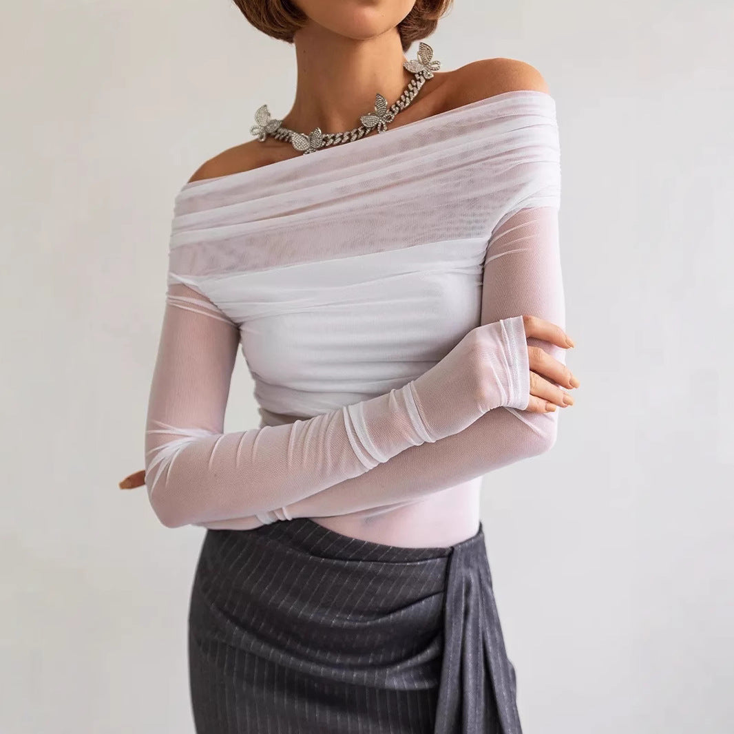 Dame Off-Shoulder Langermet T-skjorte i lett gjennomsiktig stoff med raffinert draperingseffekt Skjora