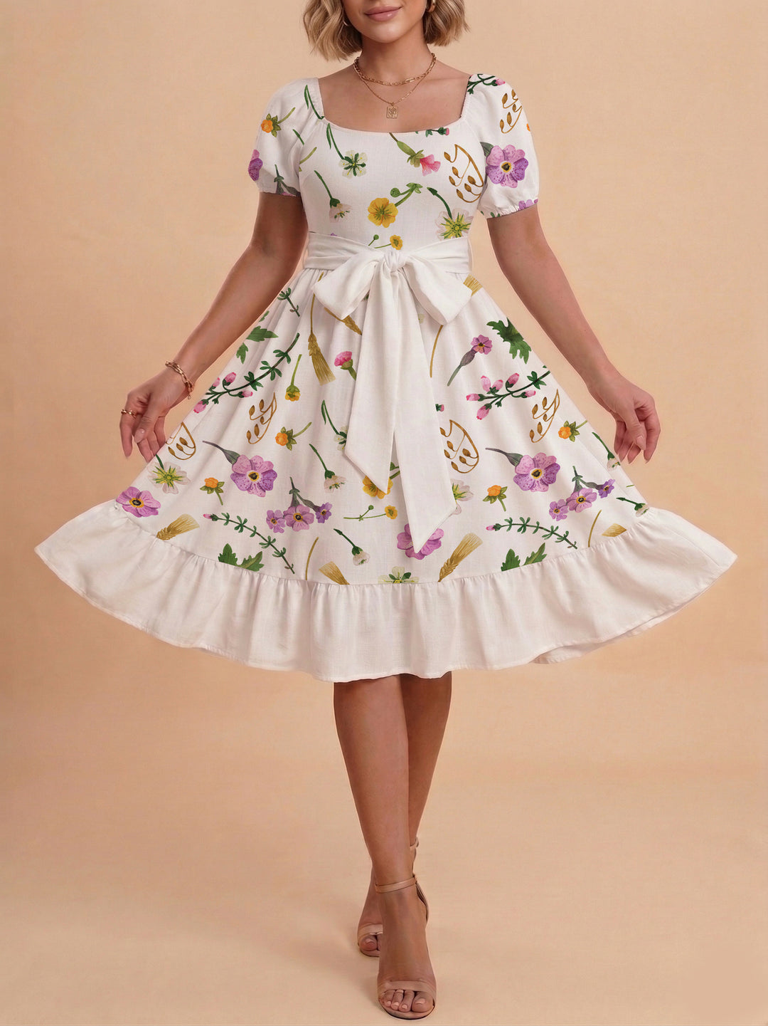 Damen modernes Blumenkleid mit elegantem Taillengürtel und asymmetrischem Saum Skjora