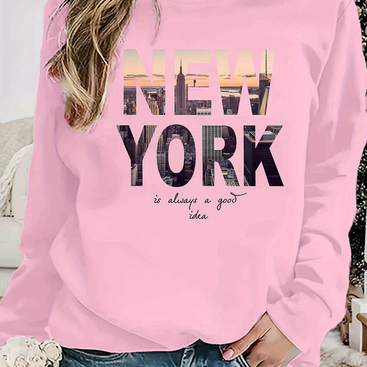 Kvinnenes sweatshirt med kreativ New York skyline print og komfortabel passform Skjora