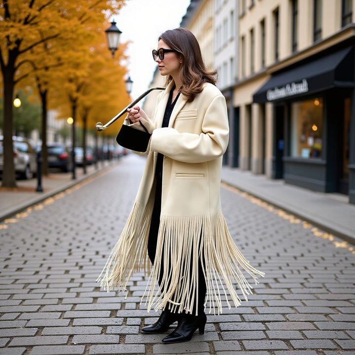 Dame Elegant Trench Coat med Frynse Detaljer og Skreddersydd Passform Skjora