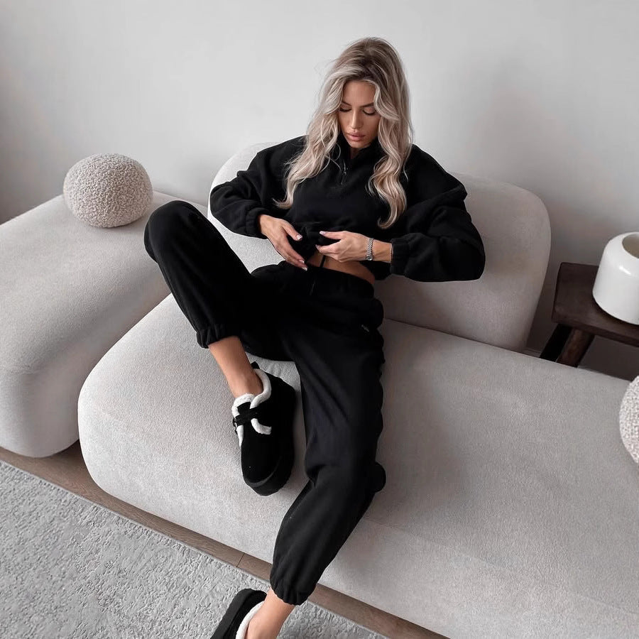 Kvinners fleece treningsoverall med halv glidelås og elastisk midje Skjora