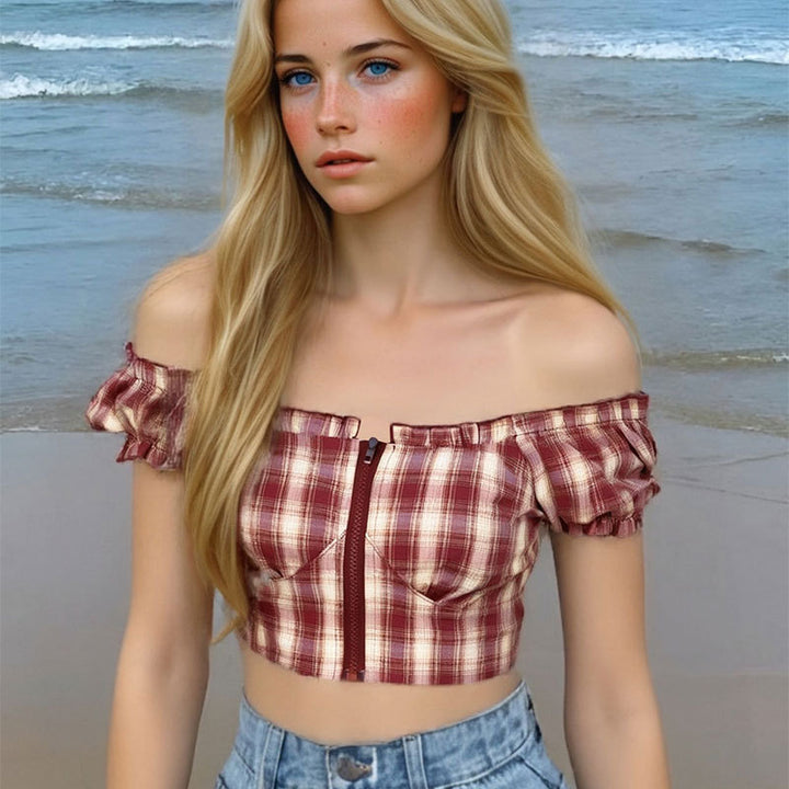 Damene Cropped Bluse med puffermer og glidelås Skjora