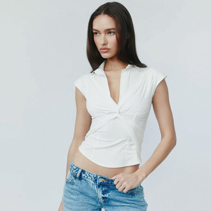 Dame elegant kortermet bluse med knuteformet design Skjora