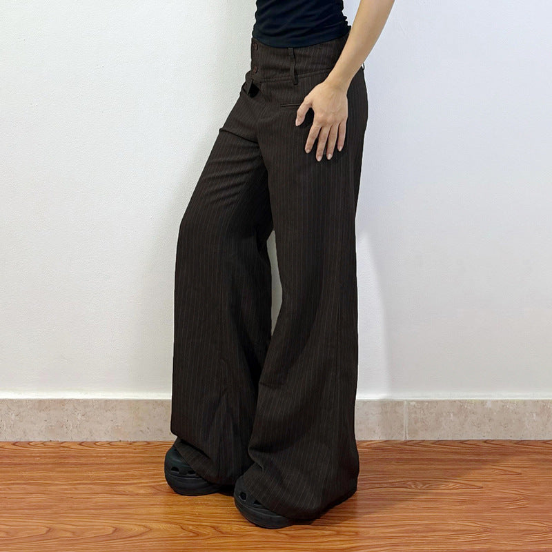 Damer Elegant bredkuttede stripete bukser med høy midje og dekorative knappe detaljer Skjora