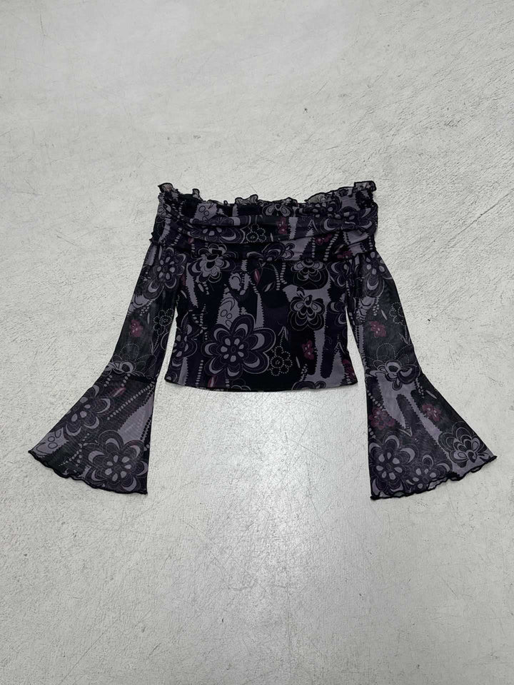 Dame Off-Shoulder topp med voluminøse ermer og blomsterdesign Skjora