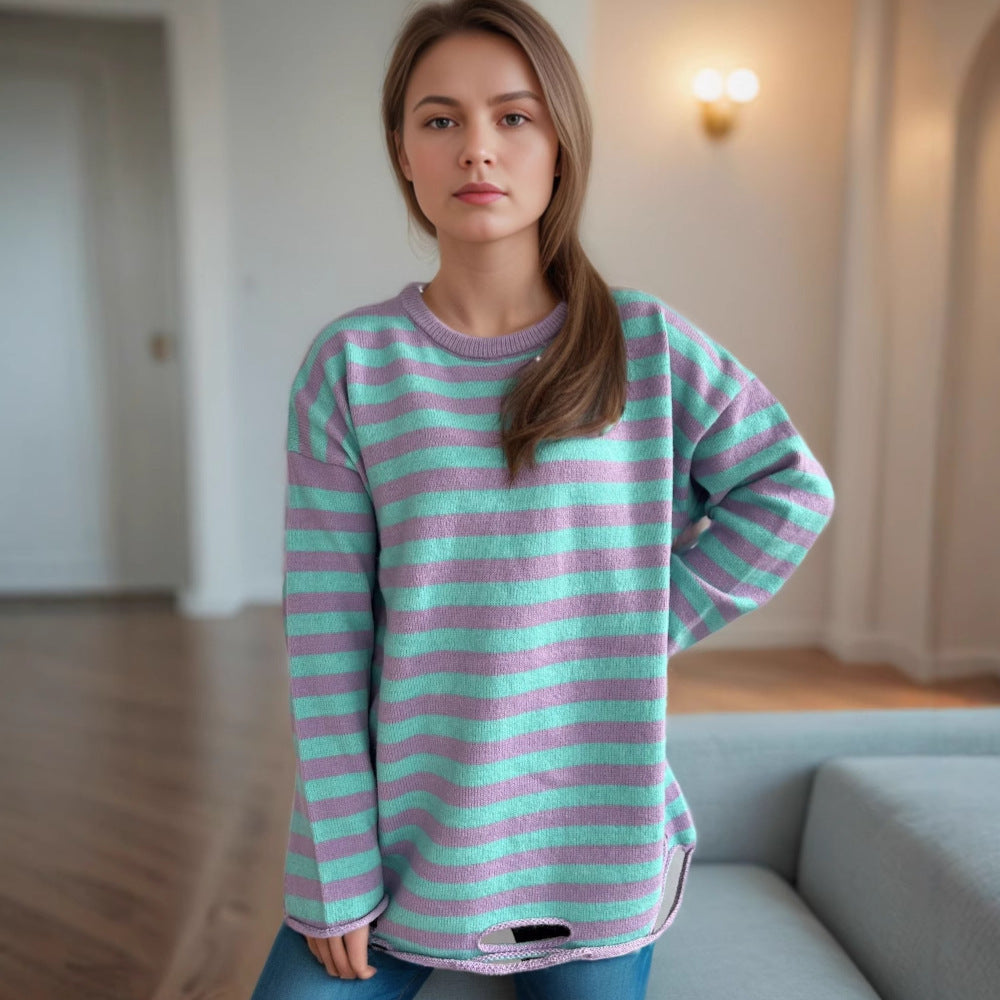 Dame strikket oversized genser med avslappet stripemønster Skjora