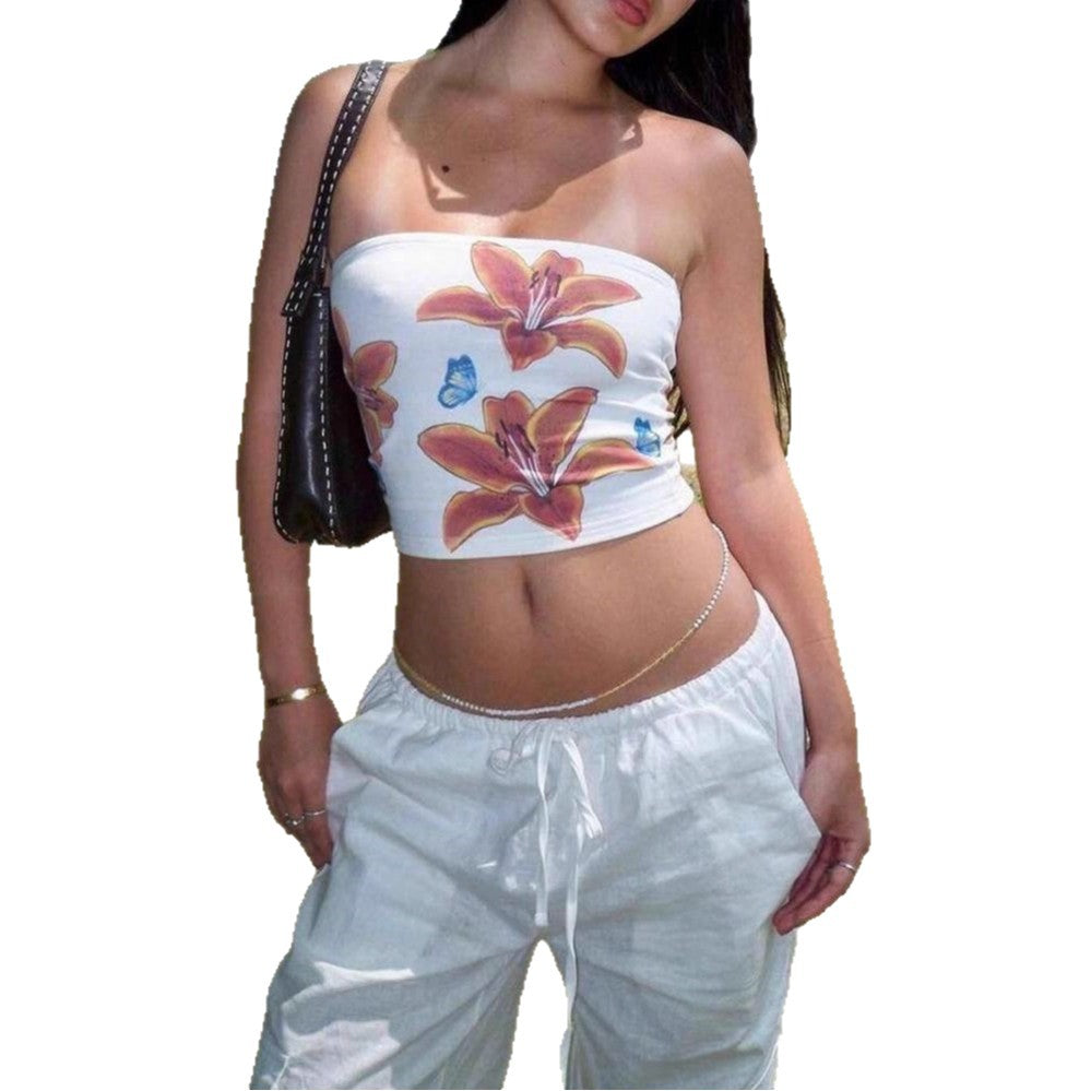 Dame Strapless Crop-Top med fargerikt blomsterdesign Skjora