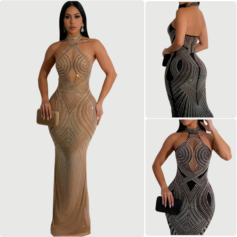 Women's evening gown with sparkling sequin design and form-fitting silhouette